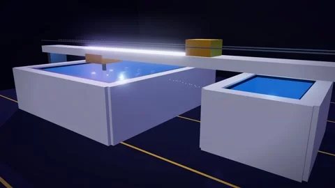 Fuel handling hall with a glowing transfer pool and handling bridge Stock Footage 342710576