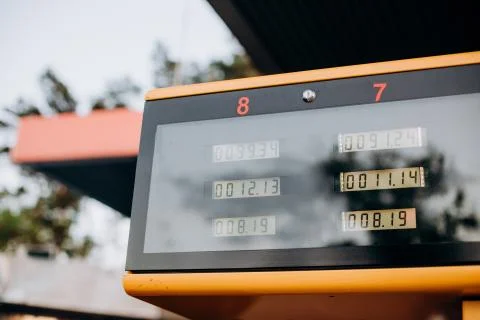 Fuel meter yellow electronic numeric display 스톡 사진