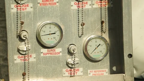 Fuel pressure dials and guages on corroded pump at airport Stock Footage 123729700