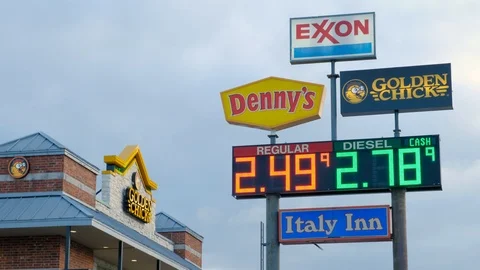Fuel prices displayed with colored lights at Exxon Truck Stop Video stock 110775981