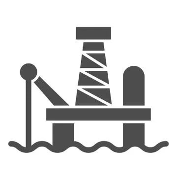 Fuel production solid icon. Oil tower at sea, extraction gas process. Oil 스톡 일러스트