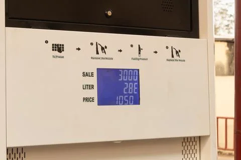 Fuel Pump Control Panel Display Showing Sale, Liters, and Price Stock Photos