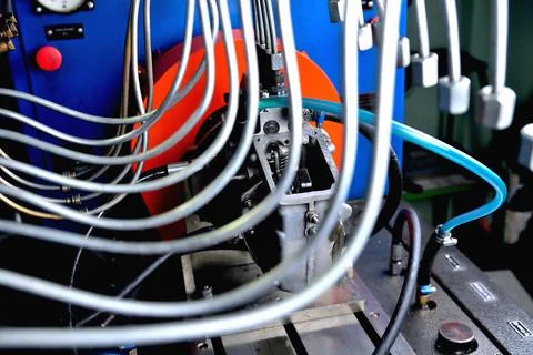 A fuel pump for a diesel engine after repair on an adjustment stand in a work Stock Photos