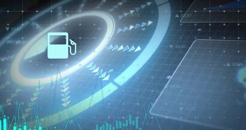 Fuel pump icon and data charts animation over digital interface background Video stock 303539439