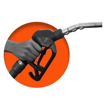 Fuel pump nozzle being held with one hand against a red background Stock Photos