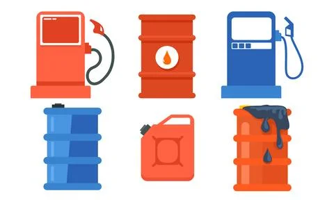 Fuel station flat icon set with oil barrel and gasoline container Illustration