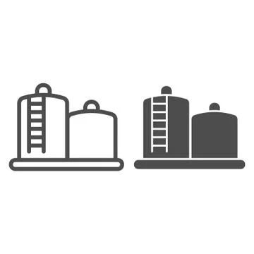 Fuel storage line and solid icon. Tank farm with liquid. Oil industry vector Stock Illustration
