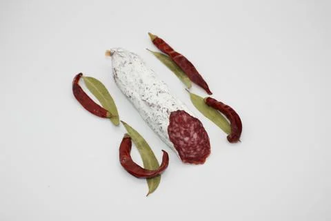 Fuet Is A Catalan Thin, Dry Cured, Sausage Of Pork Meat In A Pork Gut. Stock Photos