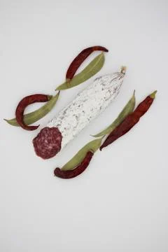 Fuet Is A Catalan Thin, Dry Cured, Sausage Of Pork Meat In A Pork Gut. Stock Photos