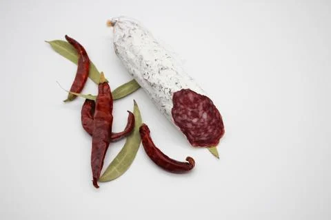 Fuet Is A Catalan Thin, Dry Cured, Sausage Of Pork Meat In A Pork Gut. Stock Photos