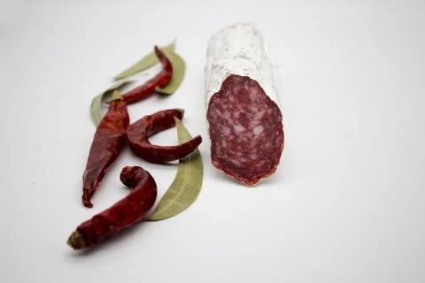 Fuet Is A Catalan Thin, Dry Cured, Sausage Of Pork Meat In A Pork Gut. Stock Photos
