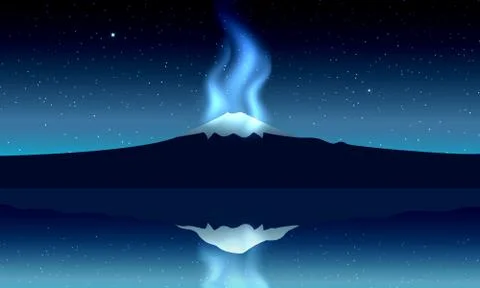 Fuji Mountain, night panoramic view with reflection on the lake, with aurora Illustrazione stock