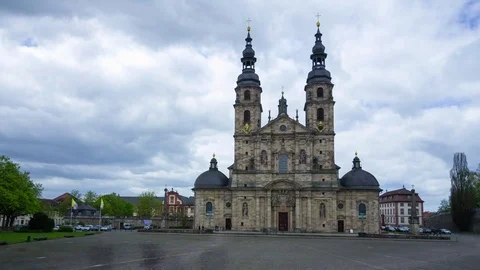 Fulda, Germany - April 2017: Clouds over the Fulda Dome cathedral Stock Footage