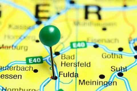 Fulda pinned on a map of Germany Stock Photos