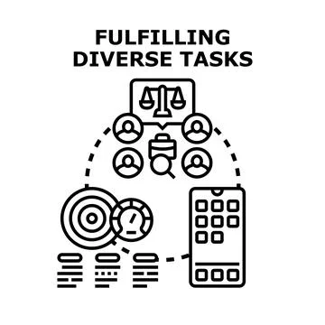 Fulfilling diverse tasks with team collaboration and digital management Stock-Illustration