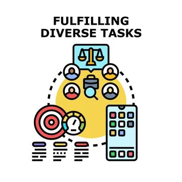Fulfilling diverse tasks with team collaboration and digital management Stock Illustration