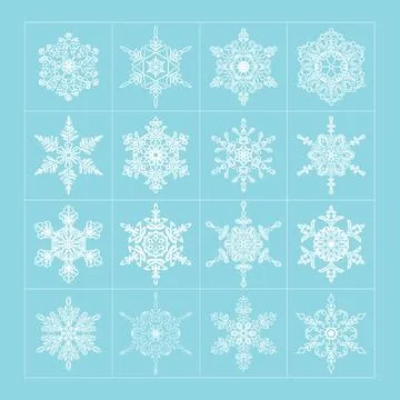 Fulgi1Set of White Delicate Snowflackes. Vector Snowflackes on blue background. Stock Illustration