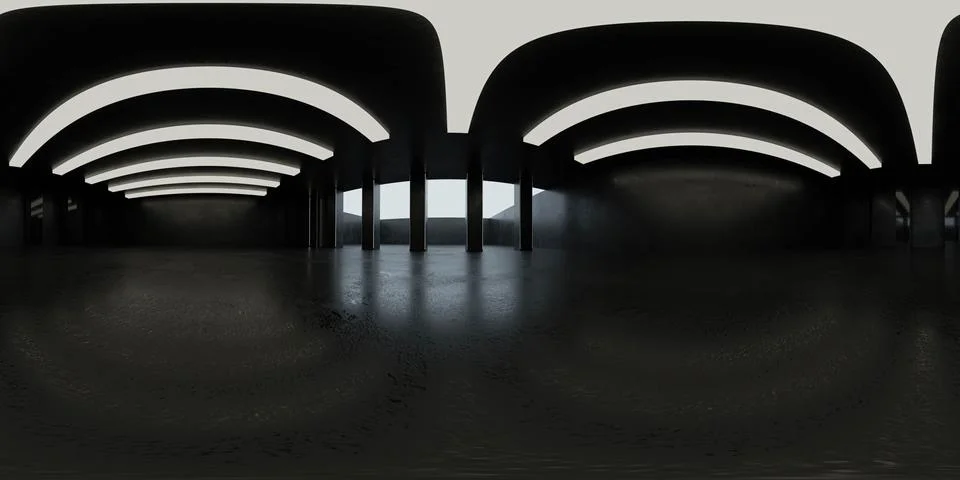 Full 360 degree equirectangular panorama hdri of dark industrial grunge building 库存插图