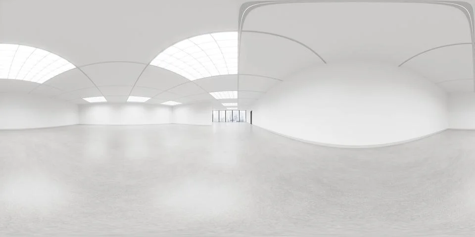 Full 360 panorama view of empty white big office loft with big windows and city 库存插图