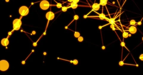 A full 3D rotation through a complex web of glowing orange particles Stock Footage 345846659