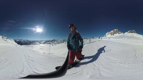 Full 4K 360VR, 360VR, action camera skier/snowboarder on boardercross/skicross  Stock Footage 109512511