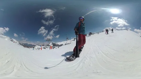 Full 4K 360VR very fast snowboarding in the French Alps Stock Footage