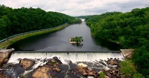 Full 4K drone footage of the lower dam waterfall at the Occoquan River Stock Footage 195708658
