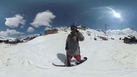 Full 4K360, 360VR, VR Fast snowboarding turns in an Alpine village Stock Footage 109579310