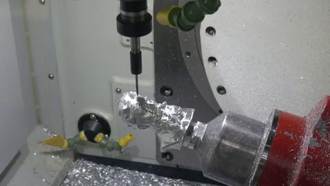Full 5axis Spinner U630 machine. Close up of metal processing Stock Footage 77581532