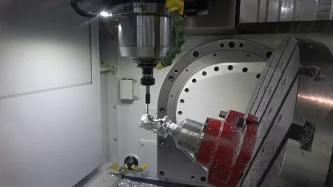 Full 5axis Spinner U630 machine. Close up of metal processing Video stock 81003851
