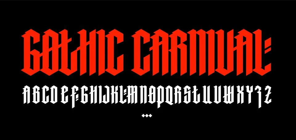 Full alphabet in the Gothic style. Vector. Letters and symbols on a black bac Stock Illustration