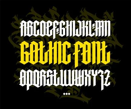 Full alphabet in the Gothic style. Vector. Letters and symbols on a black bac Stock Illustration