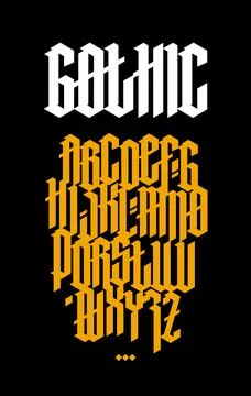 Full alphabet in the Gothic style. Vector. Letters and symbols on a black bac Stock Illustration