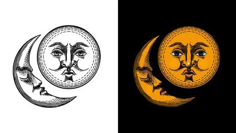 Full and crescent moon with faces as symbols of mystery and secret. also as Stock Illustration