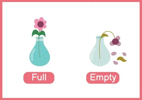Full and empty opposite adjectives educational flashcard. Stockillustratie
