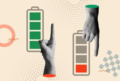 Full and low battery icon and human hands pointing in retro collage vector. Stock Illustration