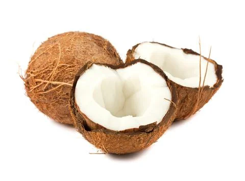 Full and two halves of coconut Stock Photos