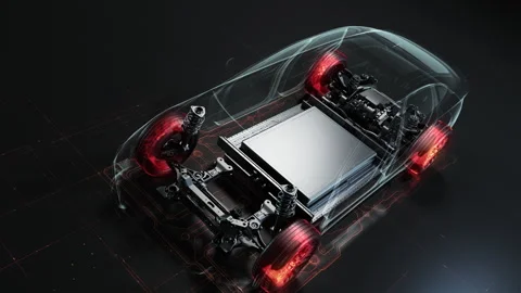 Full assembly of a modern electric car with glowing elements. Video stock 329289890