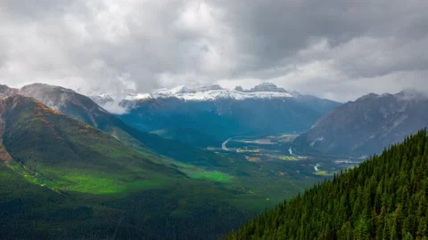 Full Banff Valley of Massive Range From Mt Sulfur Pan IN Time Lapse 4K Stock Footage 134664326