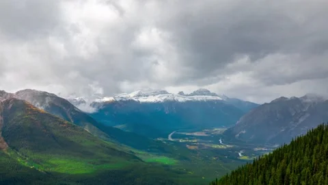 Full Banff Valley of Massive Range From Mt Sulfur Time Lapse 4K Stock Footage 134664433