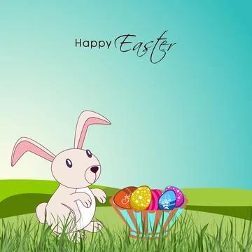 Full Basket of Painted Eggs with Cute Bunny Cartoon on Grass Background for.. Stock Illustration