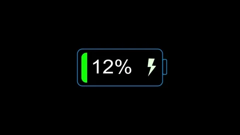 Full battery charge icon on black background green energy bar, blue outline, per Stock Footage 340414924