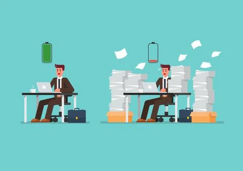 Full battery man and low battery man sitting at table with laptop and pile of Stock Illustration