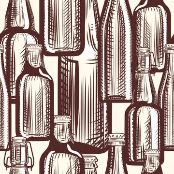 Full beer bottles seamless pattern. Engraving style backdrop. Stock Illustration