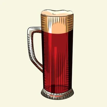 Full beer mug in hand drawn style. Glass of dark beer isolated on light backg Stock Illustration