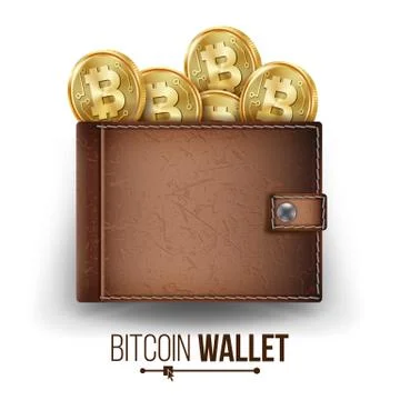 Full Bitcoin Wallet Vector. Brown Color. Bitcoin Gold Coins. Top View. Financial Stock Illustration