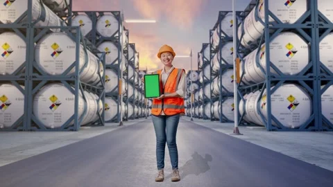 Full Body Of Asian Female Engineer Smiling And Showing Green Screen Tablet Stock Footage 340843674