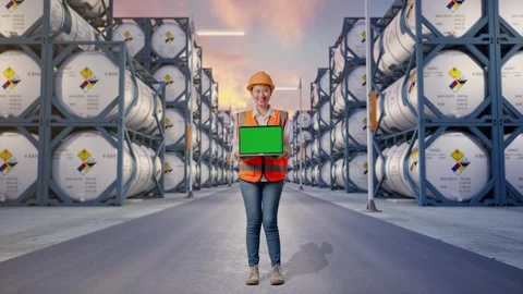 Full Body Of Asian Female Engineer Smiling And Showing Green Screen Laptop Stock Footage 340843771
