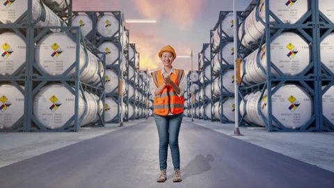Full Body Of Asian Female Engineer Smiling And Clapping Her Hands Stock Footage 340843822