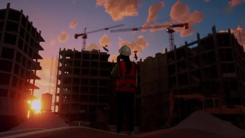 Full Body Back View Of Asian female Engineer Talking On Smartphone Construction Stock Footage 255849720